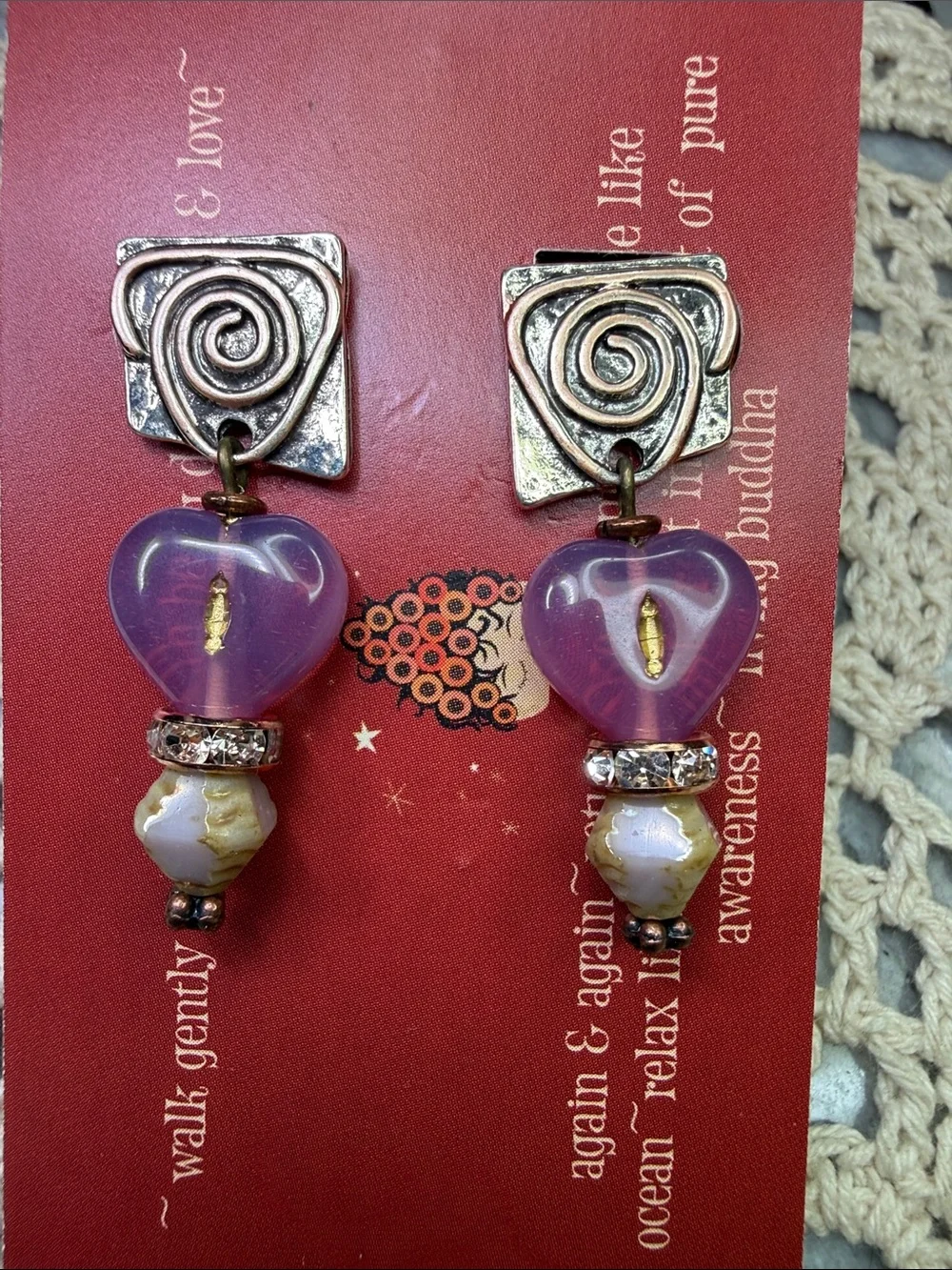 Artisan Purple Heart Drop Earrings with Gold Accents